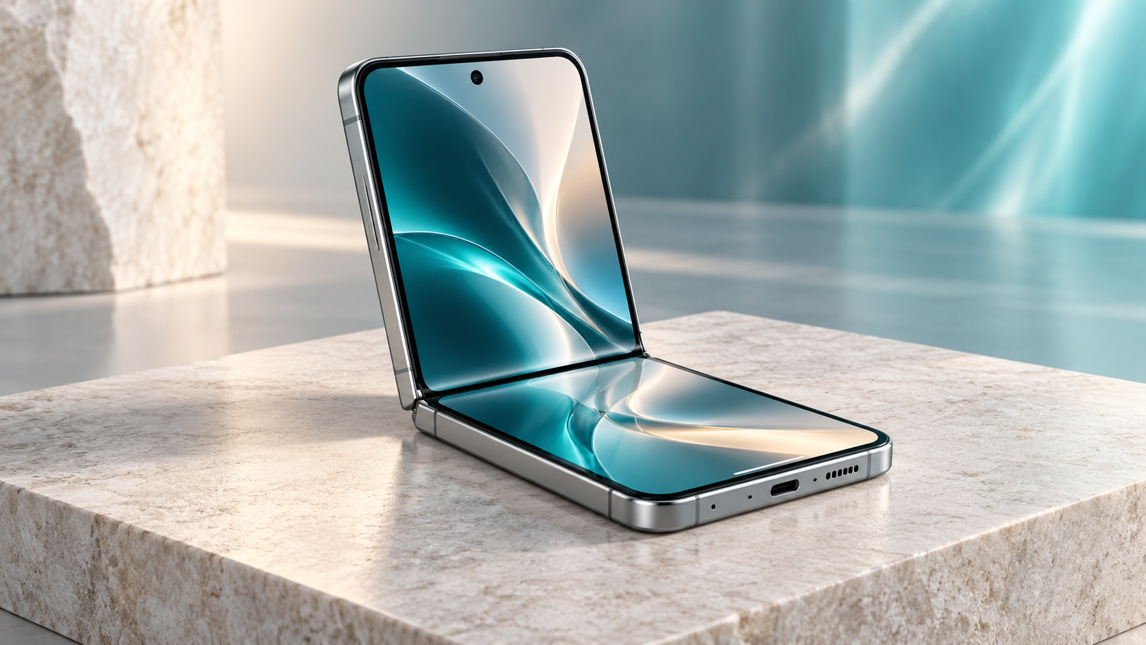 Özgün yapay zekâ katlanabilir telefon konsepti; gerçek iPhone Duo tasarımı veya ürün fotoğrafı değildir.